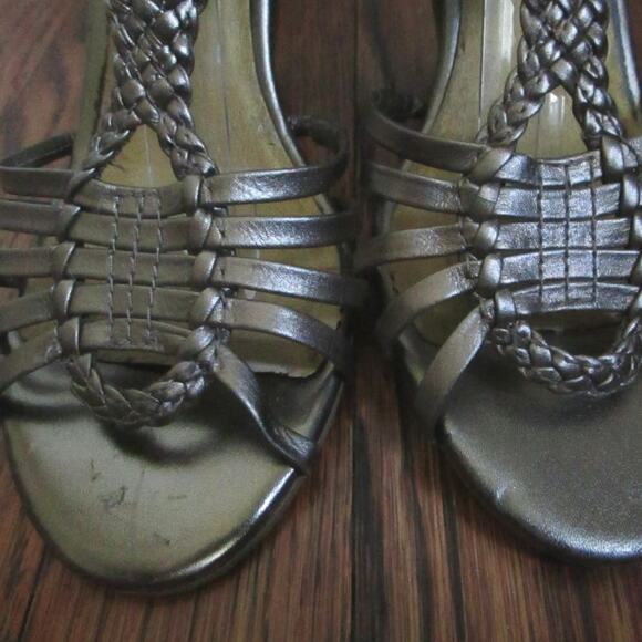 Gold Leather Gladiator Sandals Size 6 Strappy 3.5in Wood Heel Back Zip Moto Boho - Picture 4 of 15